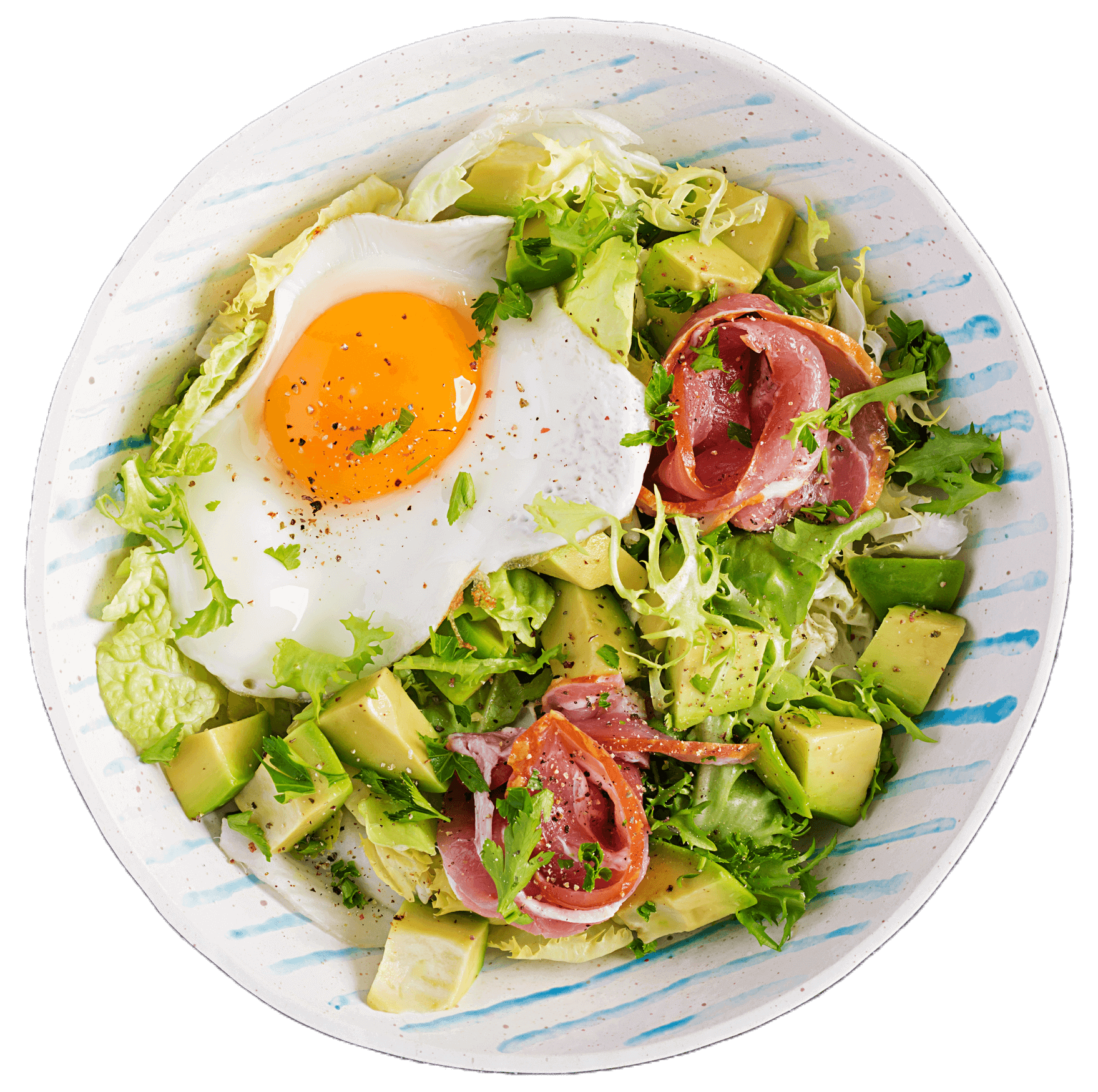 Planes de Nutrición / Ensalada fresca con lechuga, aguacate, jamón curado y un huevo frito, servida en un bowl blanco con detalles azules.